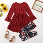 2-piece Kid Girl Bell sleeves Ruffled High Low Solid Top and Floral Polka dots Print Leggings Set Red