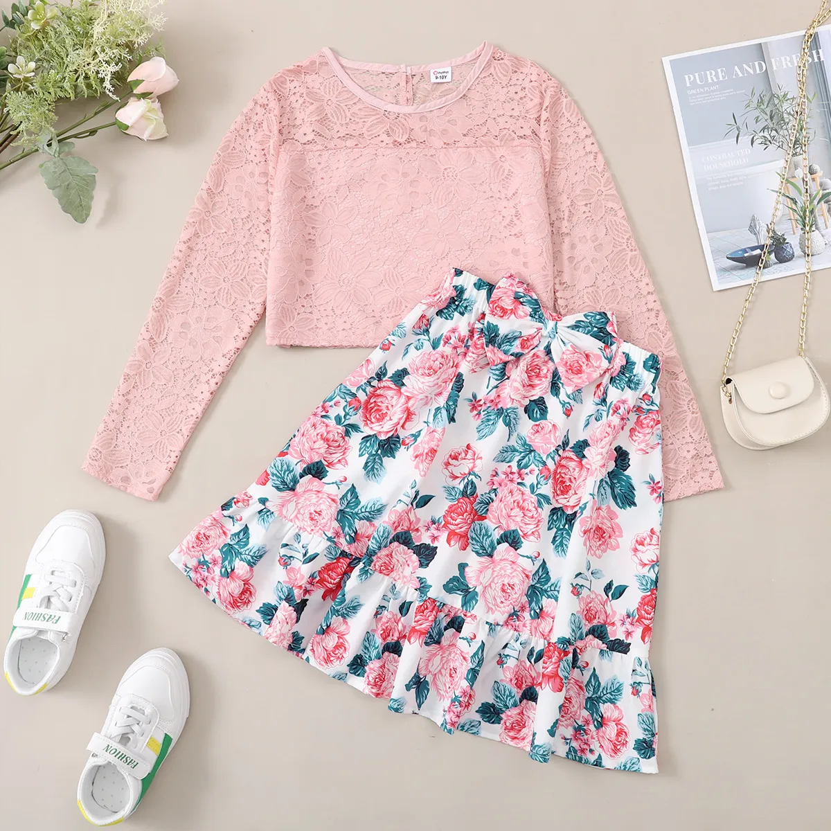 2-piece Kid Girl Lace Design Long-sleeve Tee and Bowknot Design Floral Print Skirt Set Pink