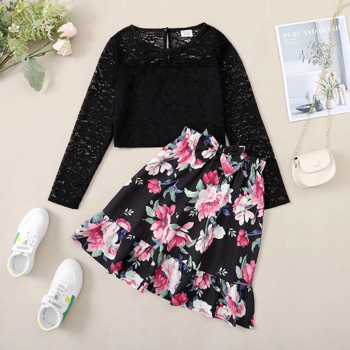 2-piece Kid Girl Lace Design Long-sleeve Tee And Bowknot Design Floral Print Skirt Set