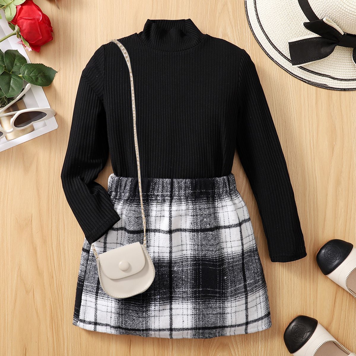 

2pcs Toddldr Girl Trendy Mock Neck Ribbed Long-sleeve Tee and Plaid Skirt Set