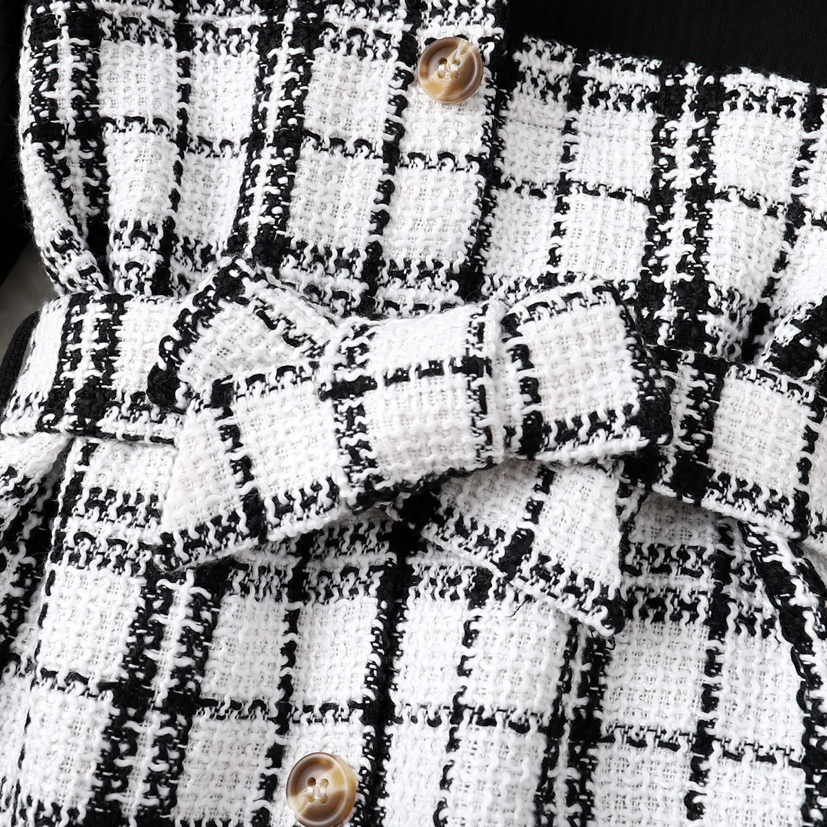 Kid Girl Plaid Tweed Splice Button Design Irregular Hem Long-sleeve Dress Black big image 1