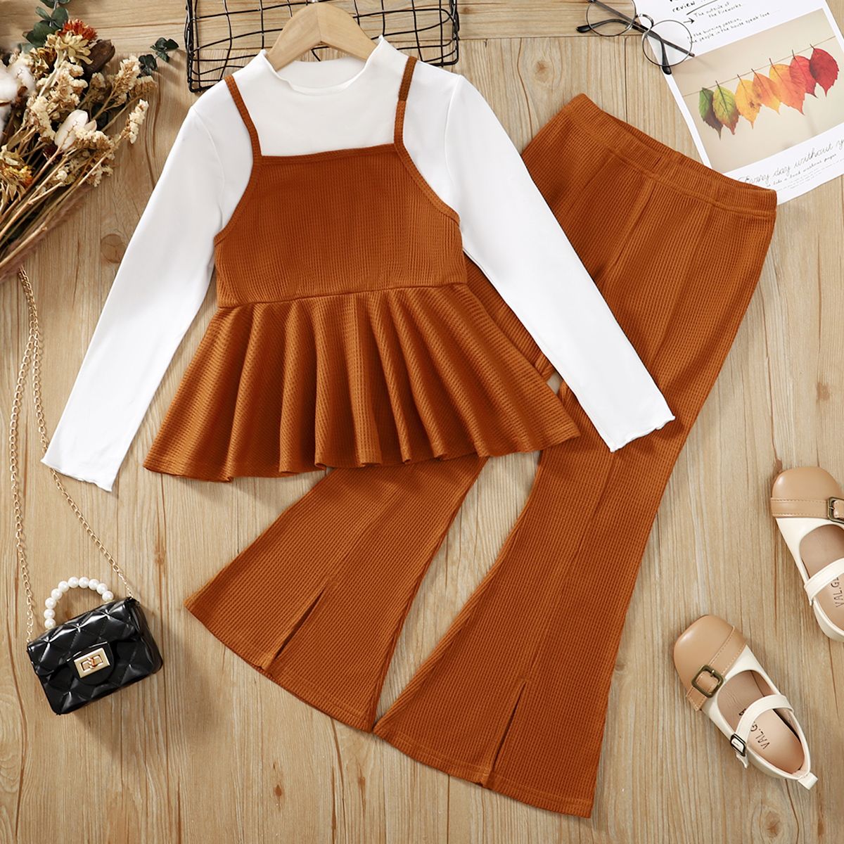 

2pcs Kid Girl Faux-two Waffle Peplum Tee and Slit Flared Pants Set