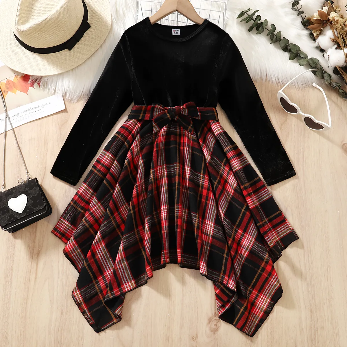 Kid Girl Valentine's Day Velvet Plaid Splice Irregular Hem Long-sleeve Belted Dress