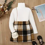 2pcs Kid Girl Turtleneck Tee and Plaid Skirt Set/ Sweater/ Hooded Fleece Coat White2