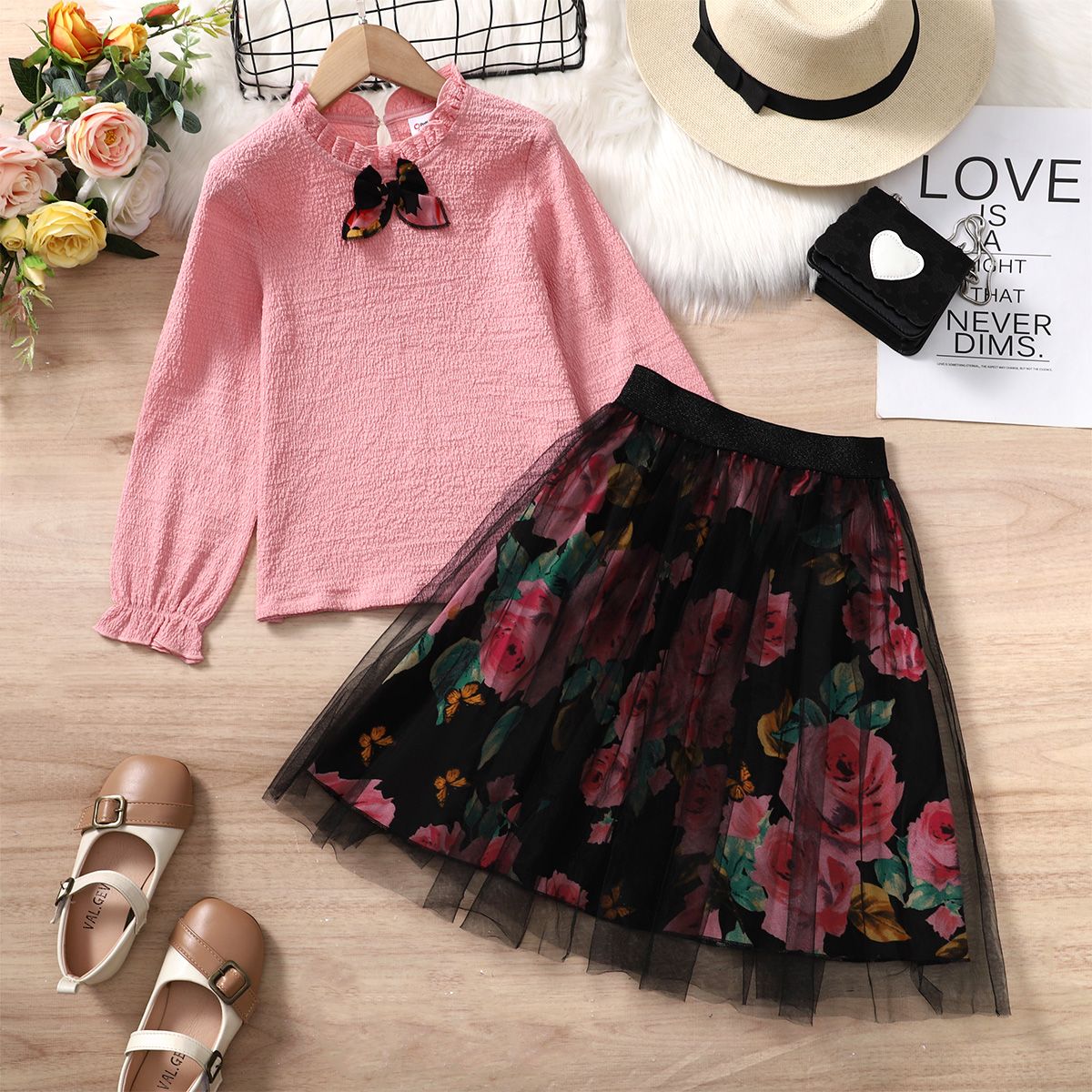 

2pcs Kid Girl Ruffle Collar 3D Bowknot Design Tee and Floral Print Mesh Skirt Set