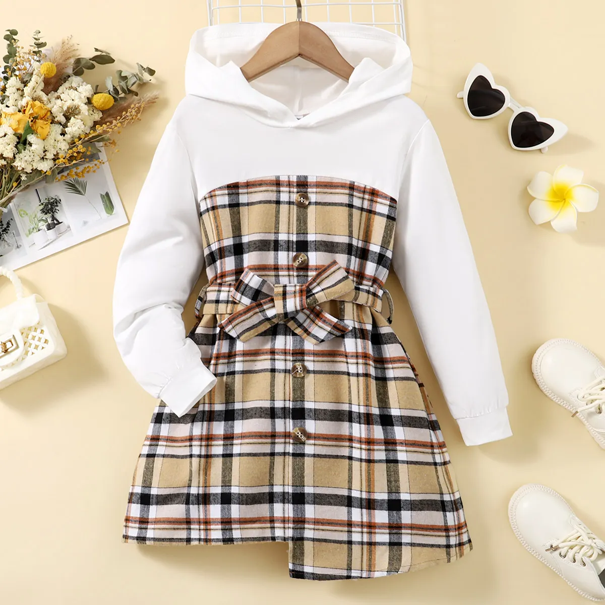 Kid Girl Faux-two Plaid Splice Belted Hooded Dress