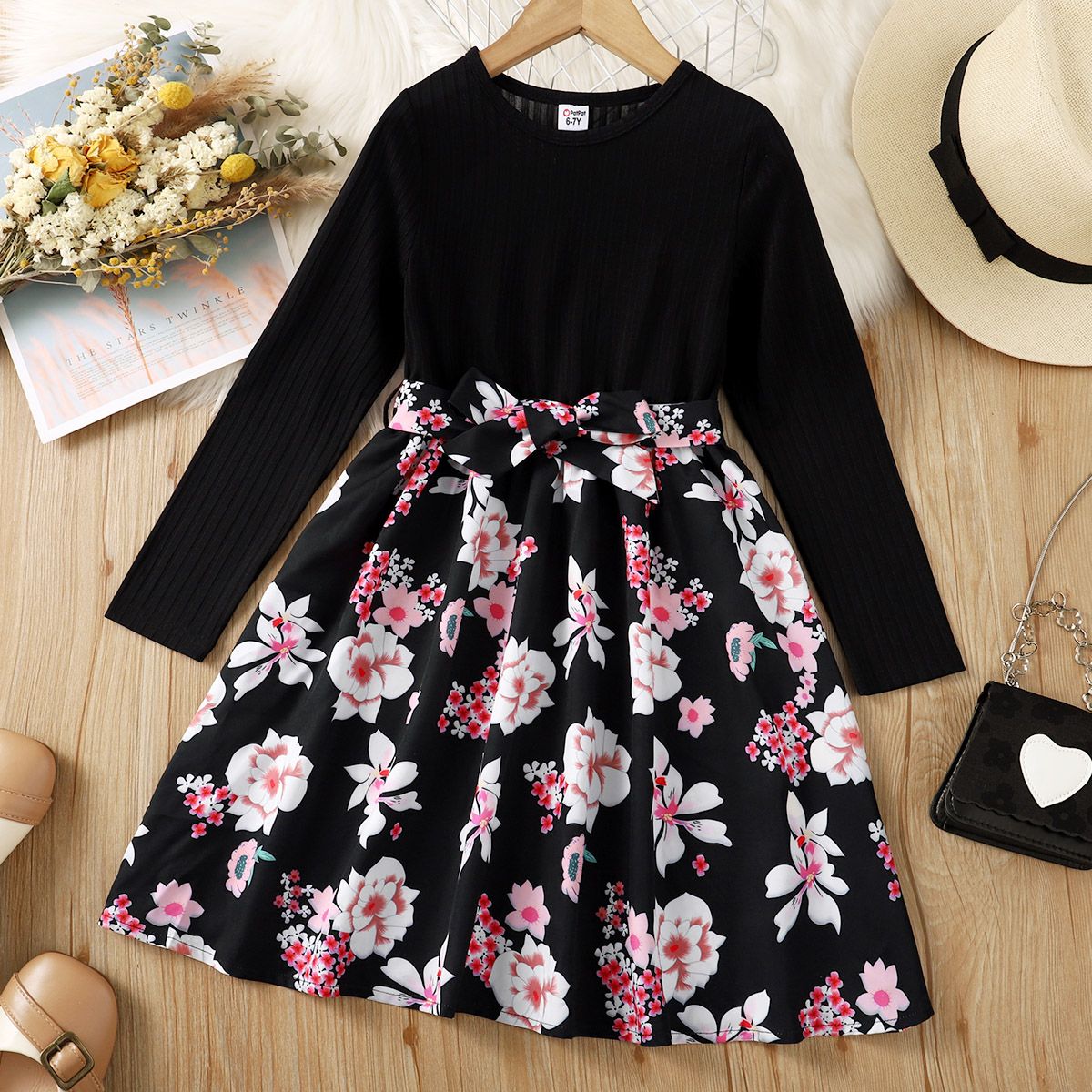 

Kid Girl Floral Print Splice Belted Long-sleeve Dress