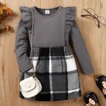 2pcs Toddler Girl Trendy Ruffled Ribbed Black Tee and Plaid Skirt Set Grey