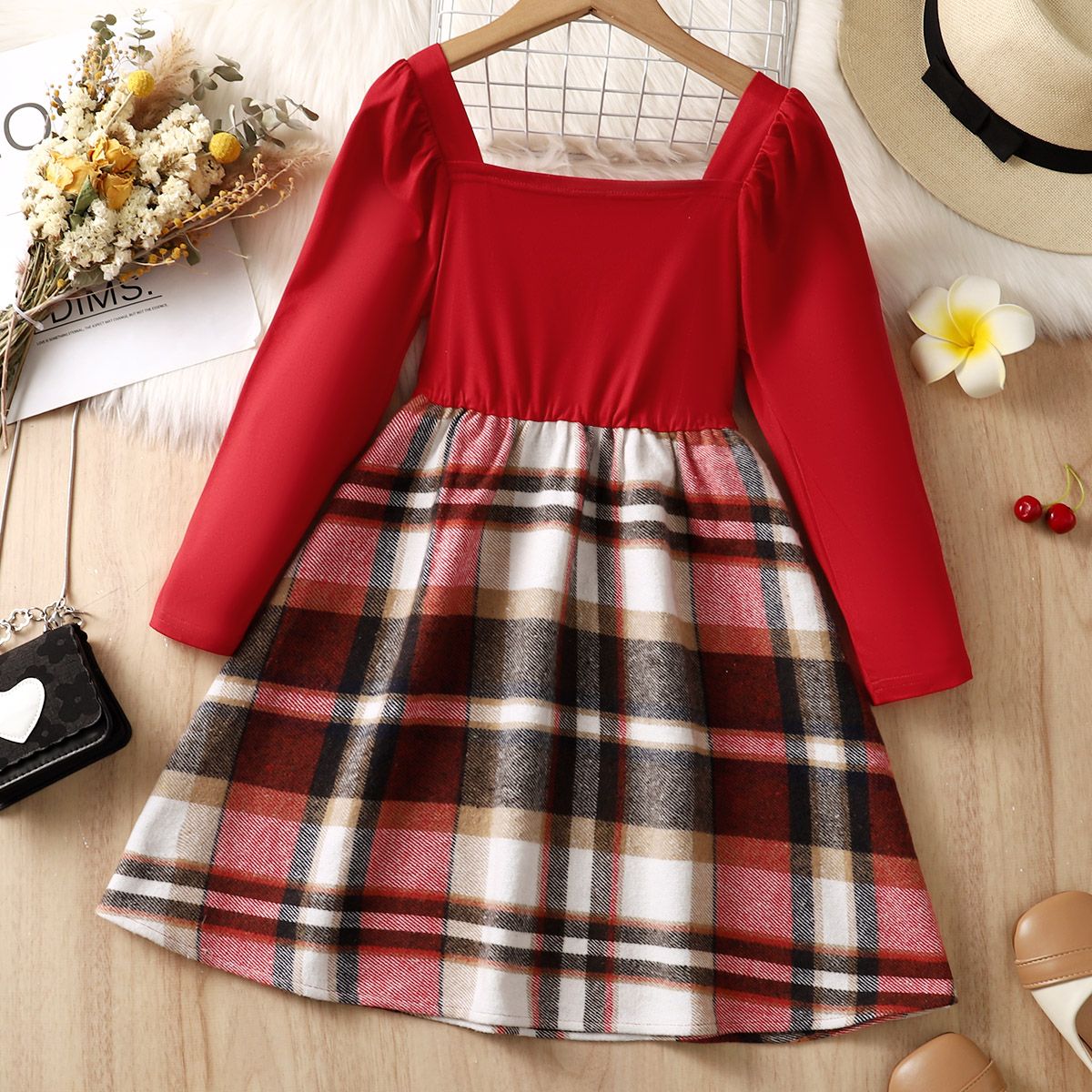 

Kid Girl Square Neck Plaid Splice Long-sleeve Dress