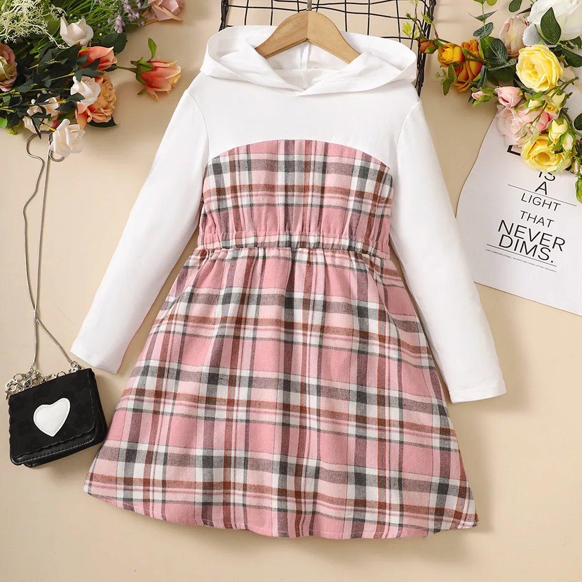 Kid Girl Plaid Splice Hooded Long-sleeve Dress Pink image 5