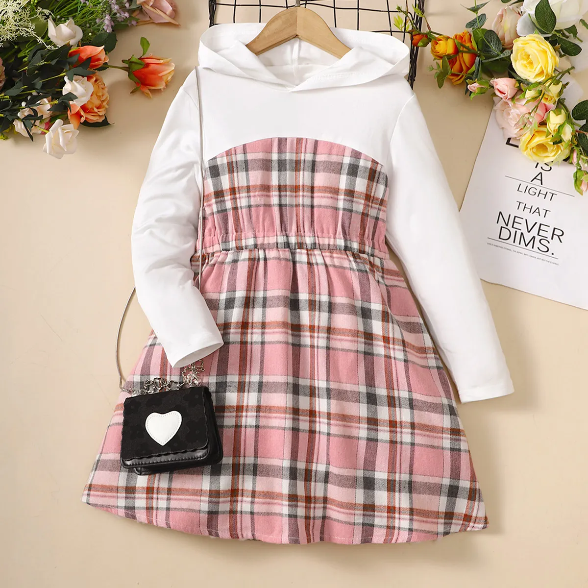 Kid Girl Plaid Splice Hooded Long-sleeve Dress Pink big image 1