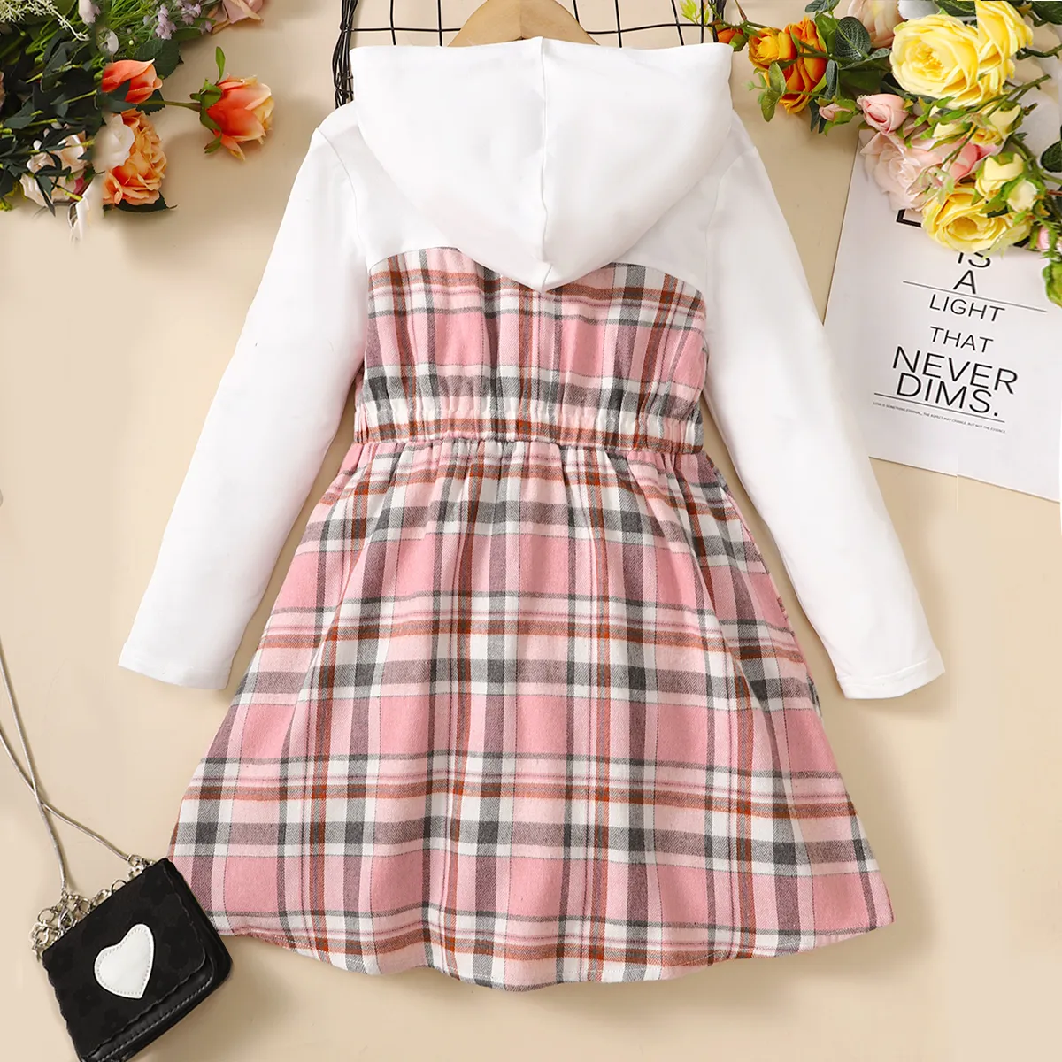 Kid Girl Plaid Splice Hooded Long-sleeve Dress Pink image 6
