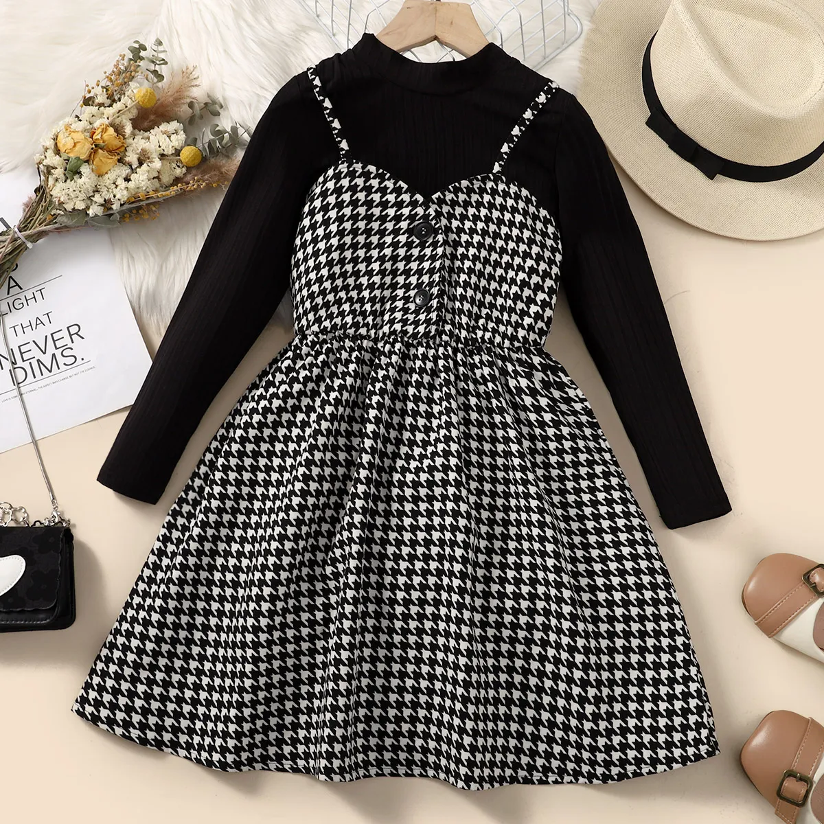 2pcs Kid Girl Mock Neck Long-sleeve Tee and Houndstooth Overall Dress Set  big image 1