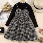 2pcs Kid Girl Mock Neck Long-sleeve Tee and Houndstooth Overall Dress Set Black