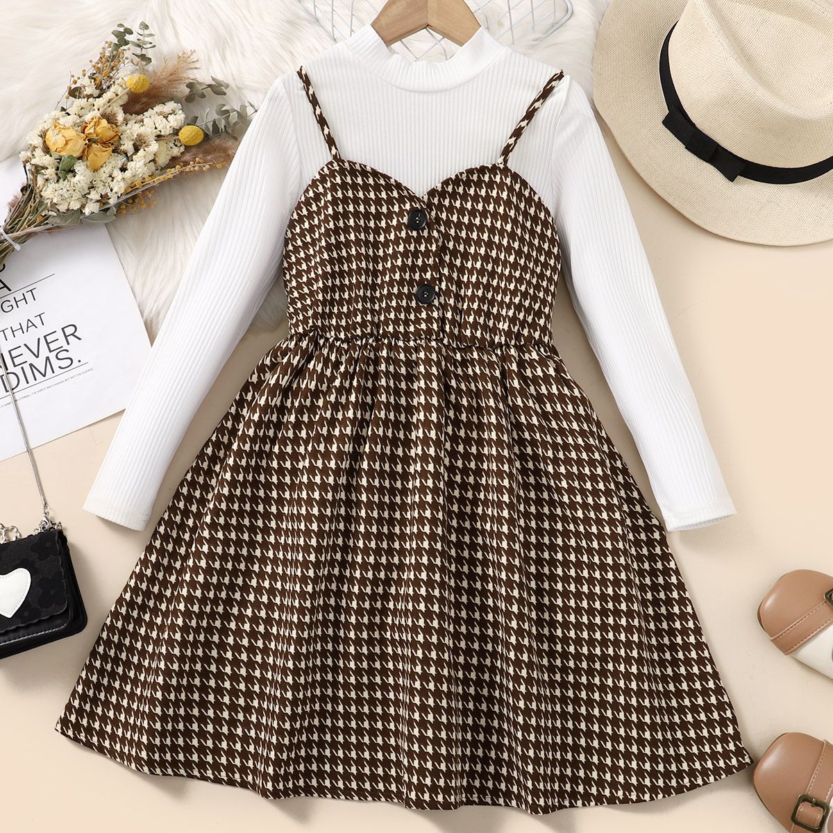 2pcs Kid Girl Mock Neck Long-sleeve Tee and Houndstooth Overall Dress Set