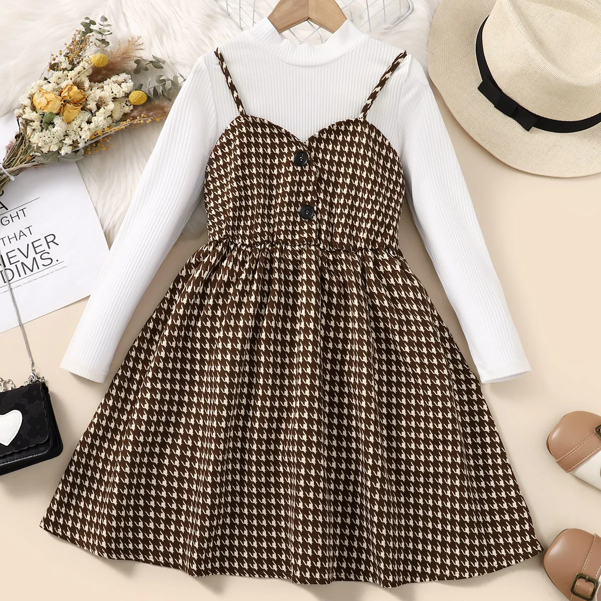 2pcs Kid Girl Mock Neck Long-sleeve Tee and Houndstooth Overall Dress Set White