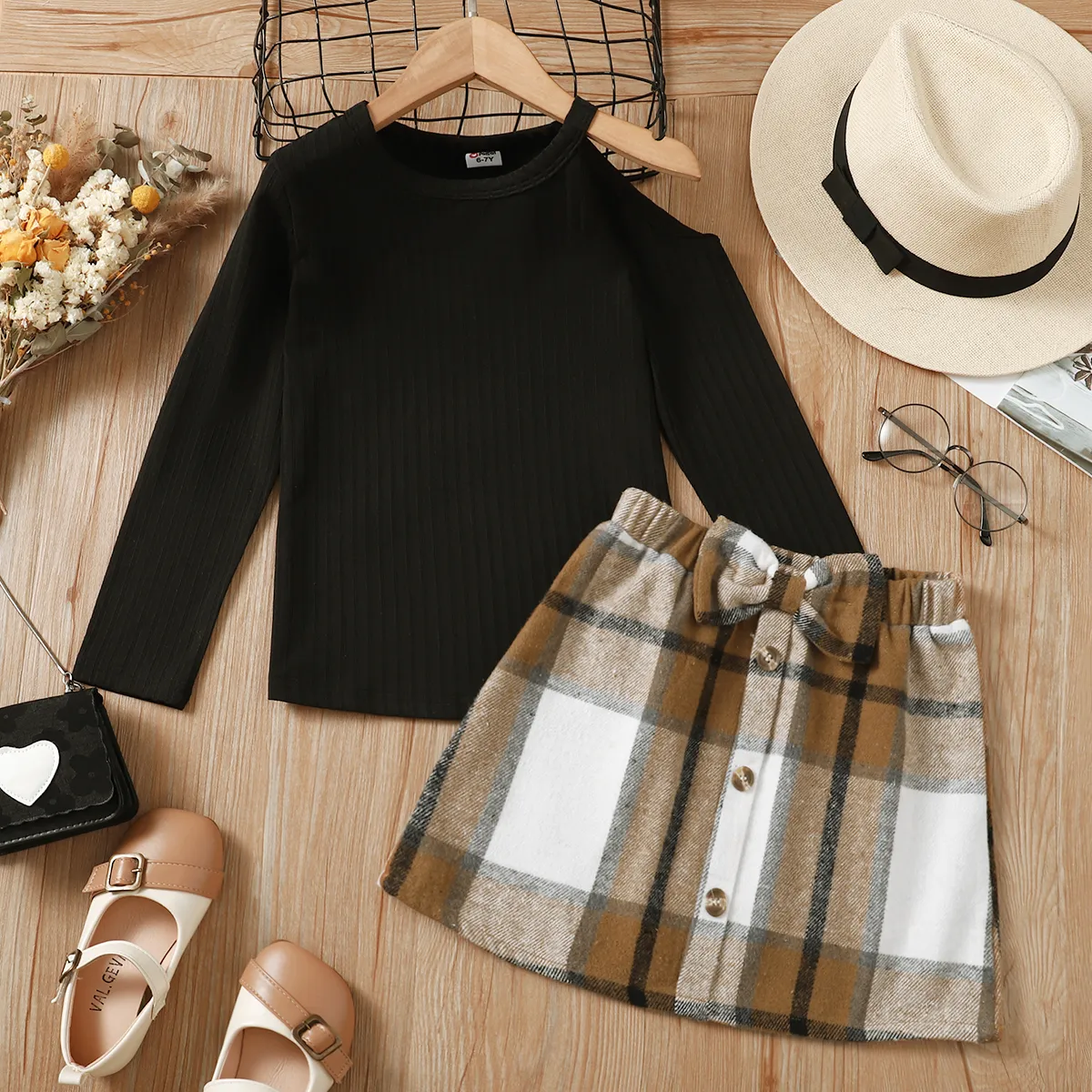 2pcs Kid Girl Cold Shoulder Long-sleeve Black Tee and 3D Bowknot Design Plaid Skirt Set Black big image 1