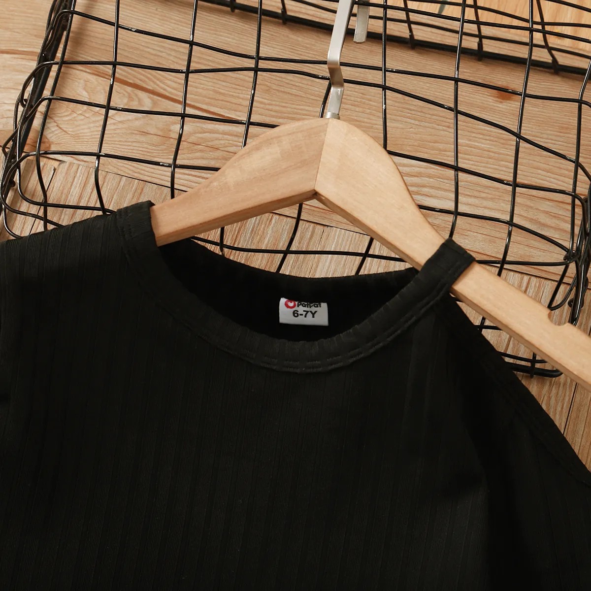 2pcs Kid Girl Cold Shoulder Long-sleeve Black Tee and 3D Bowknot Design Plaid Skirt Set Black image 3