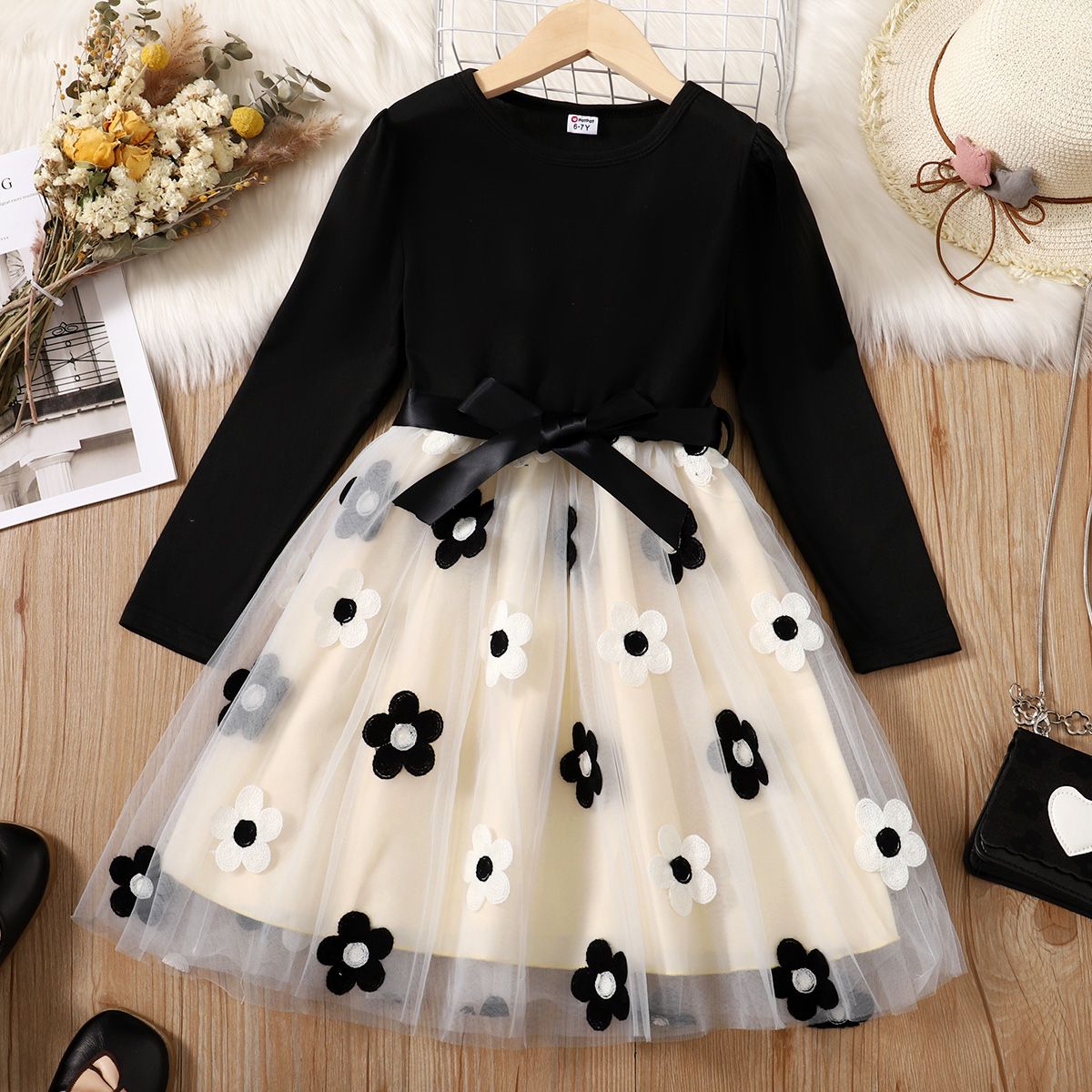 

Kid Girl Floral Embroidered Mesh Splice Belted Long-sleeve Evening Party Dress