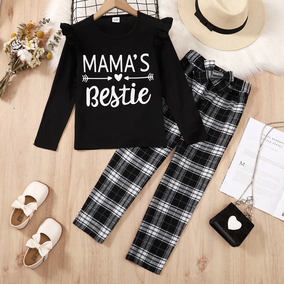 2 pezzi Bambini Set Ragazza Tartan Manica volant  big image 6