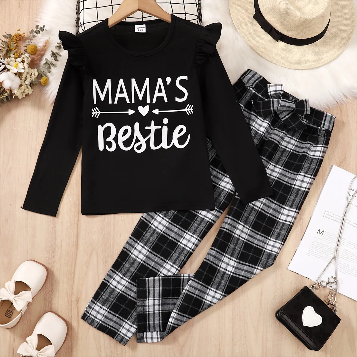 2 pezzi Bambini Set Ragazza Tartan Manica volant  image 1