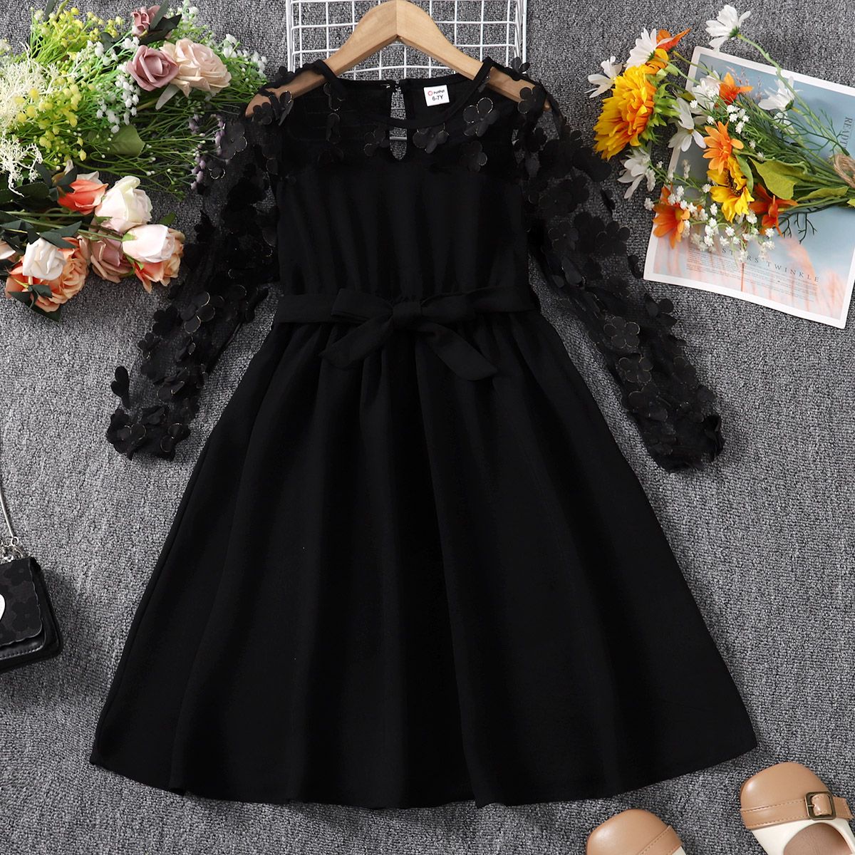 

Kid Girl 3D Floral Design Mesh Sleeve Belted Dress