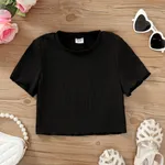 Kinder Mädchen Gekräuselter Saum Unifarben Kurzärmelig T-Shirts schwarz
