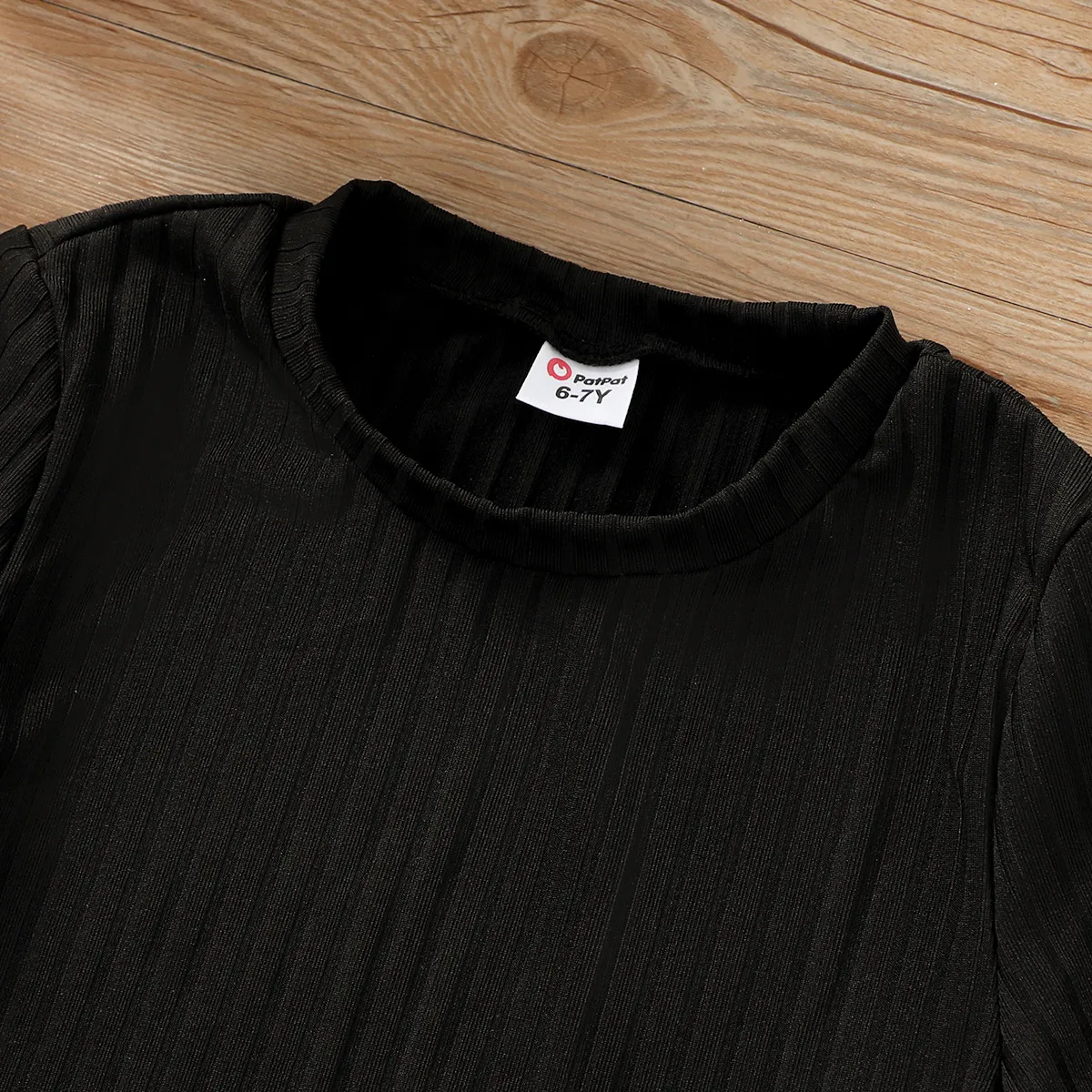 Kinder Mädchen Gekräuselter Saum Unifarben Kurzärmelig T-Shirts schwarz big image 1