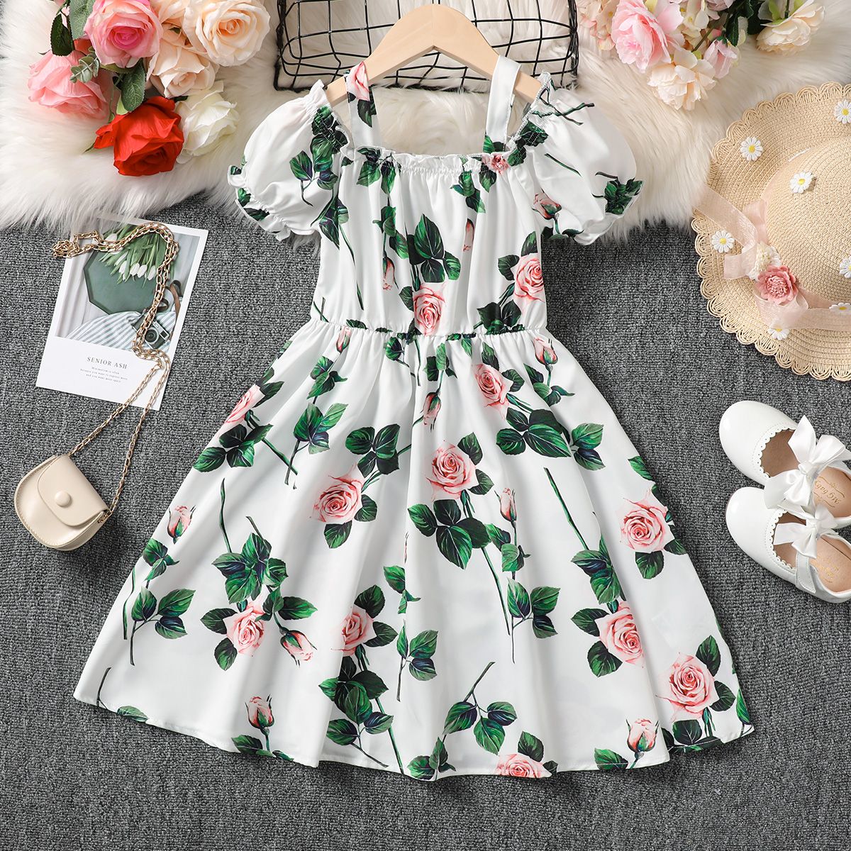 

Kid Girl Floral Print Off Shoulder Slip Dress