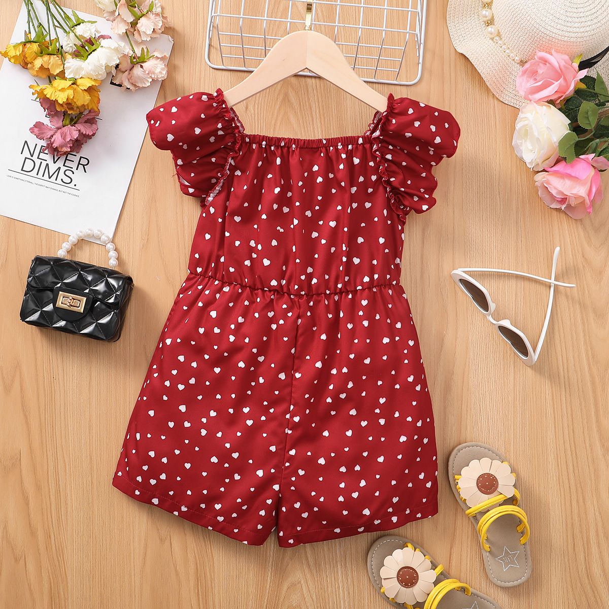 

Kid Girl Heart Print Square Neck Short-sleeve Rompers