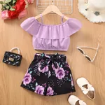 2pcs Kid Girl Flounce Camisole and Floral Print Belted Shorts Set Purple