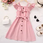 Kid Girl Solid Color Flounce Off Shoulder Belted Dress Pink