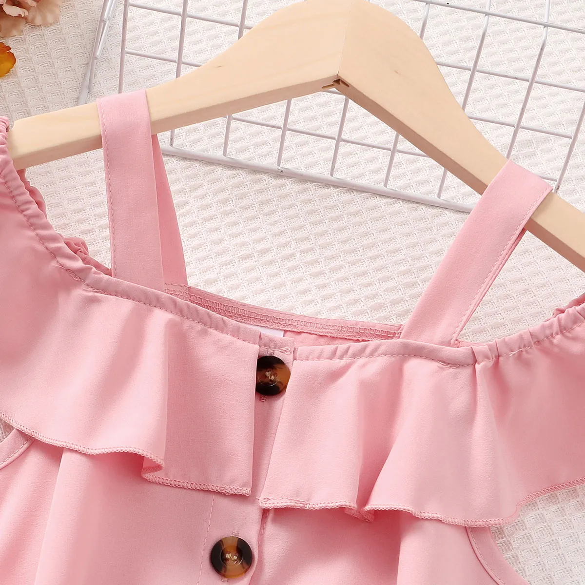 Kid Girl Solid Color Flounce Off Shoulder Belted Dress Pink big image 1