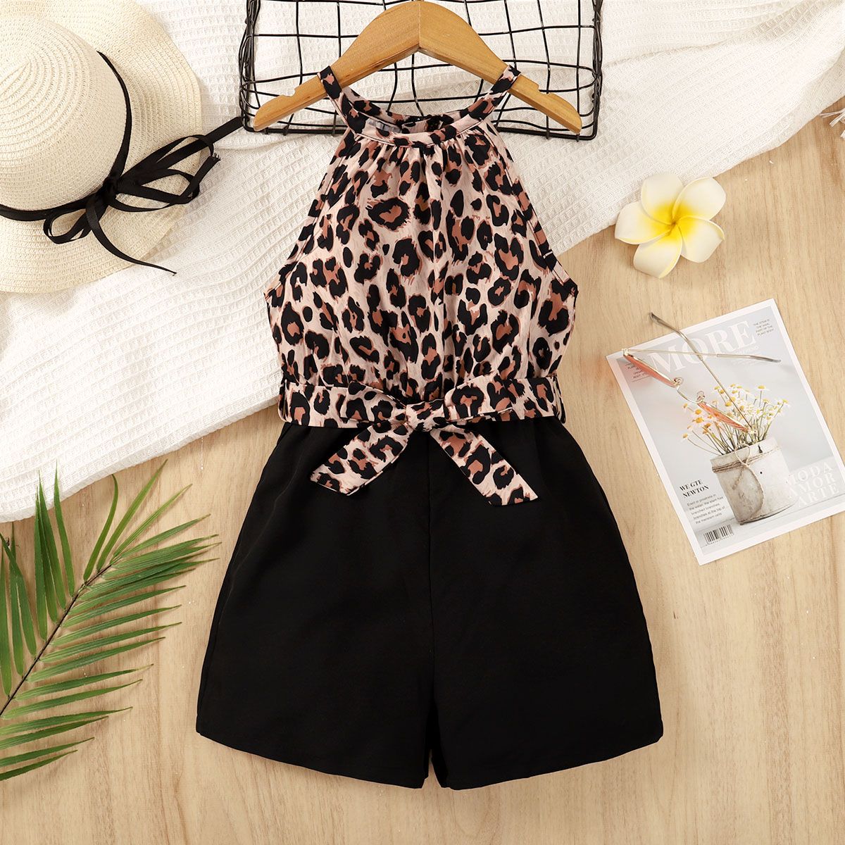 

Kid Girl Leopard Panel Belted Halter Romper