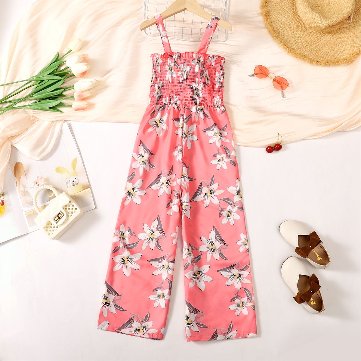 

Kid Girl Floral Priunt Smocked Slip Jumpsuits