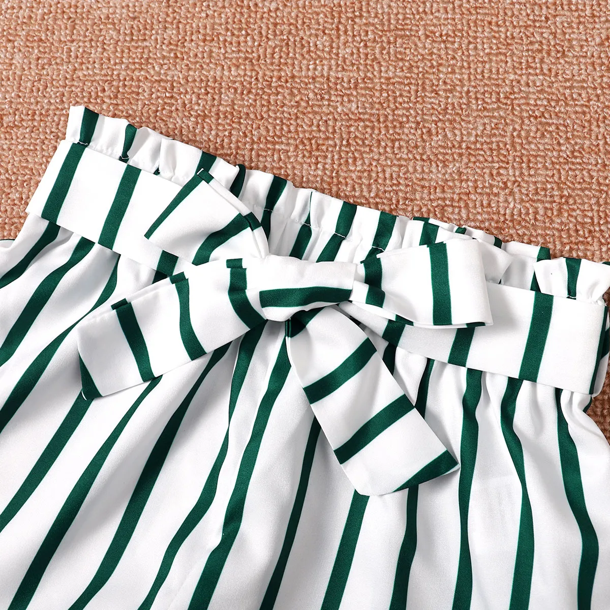 2Pcs Kid Girl Cold Shoulder Camisole & Belted Stripe Shorts Set Green big image 1