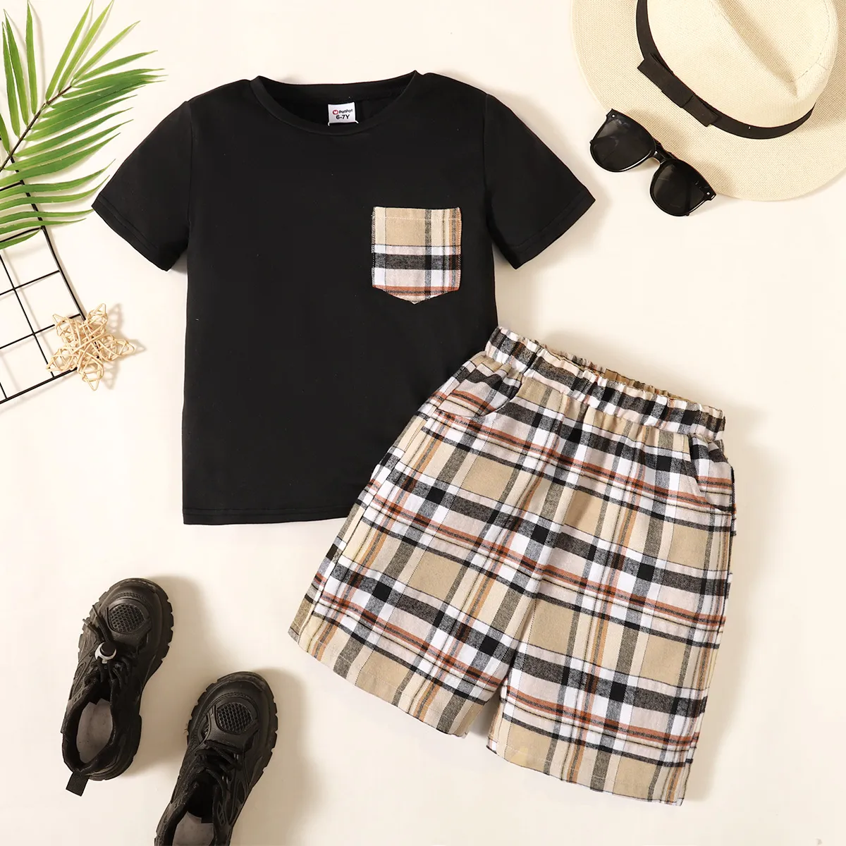 2pcs Kid Boy Plaid Patch Pocket Short-sleeve Tee and Shorts Set Black big image 1