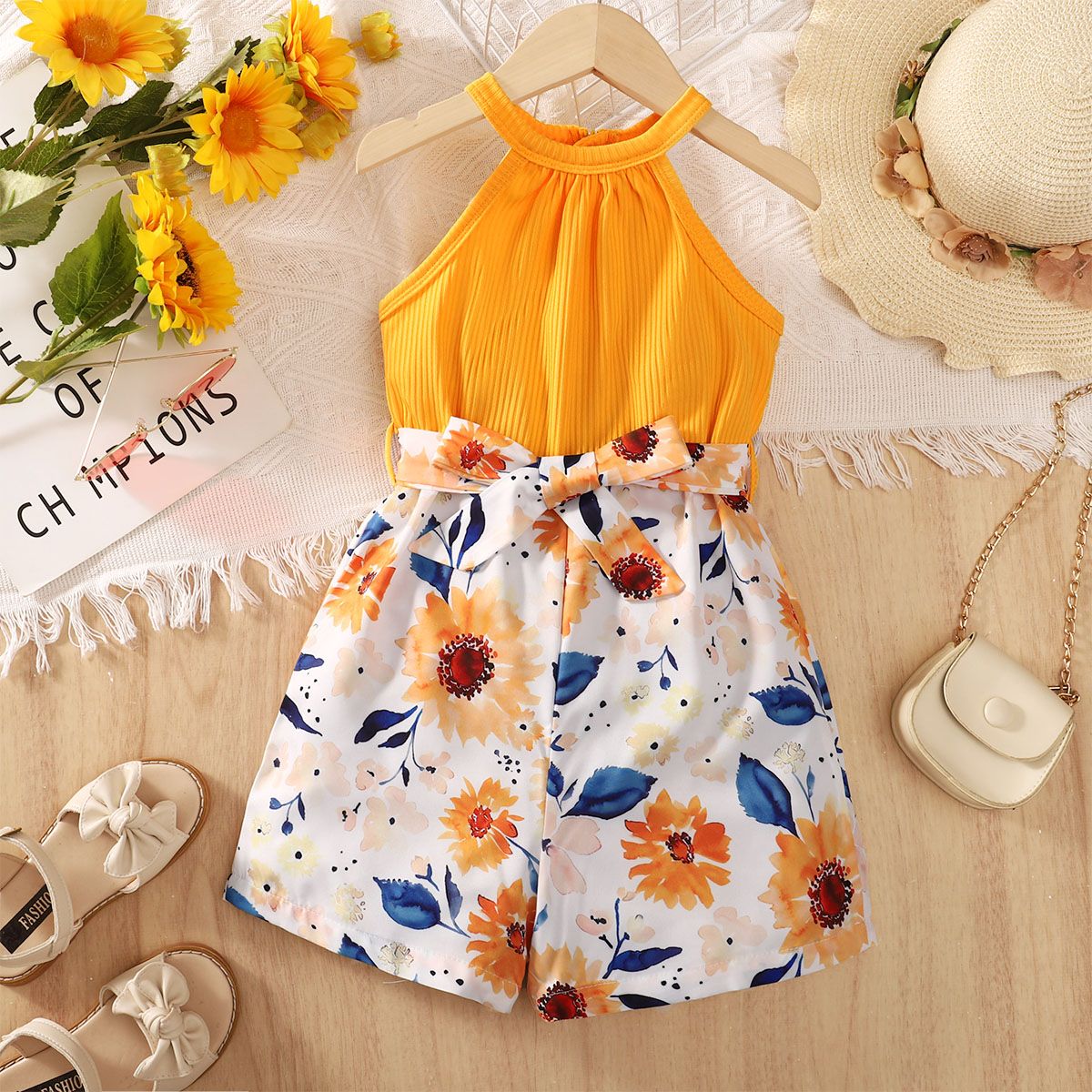 

Kid Girl Floral Print Panel Ribbed Belted Halter Romper