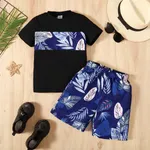 2pcs Kid Boy Tropical Plant Print Short-sleeve Tee and Shorts Set Black