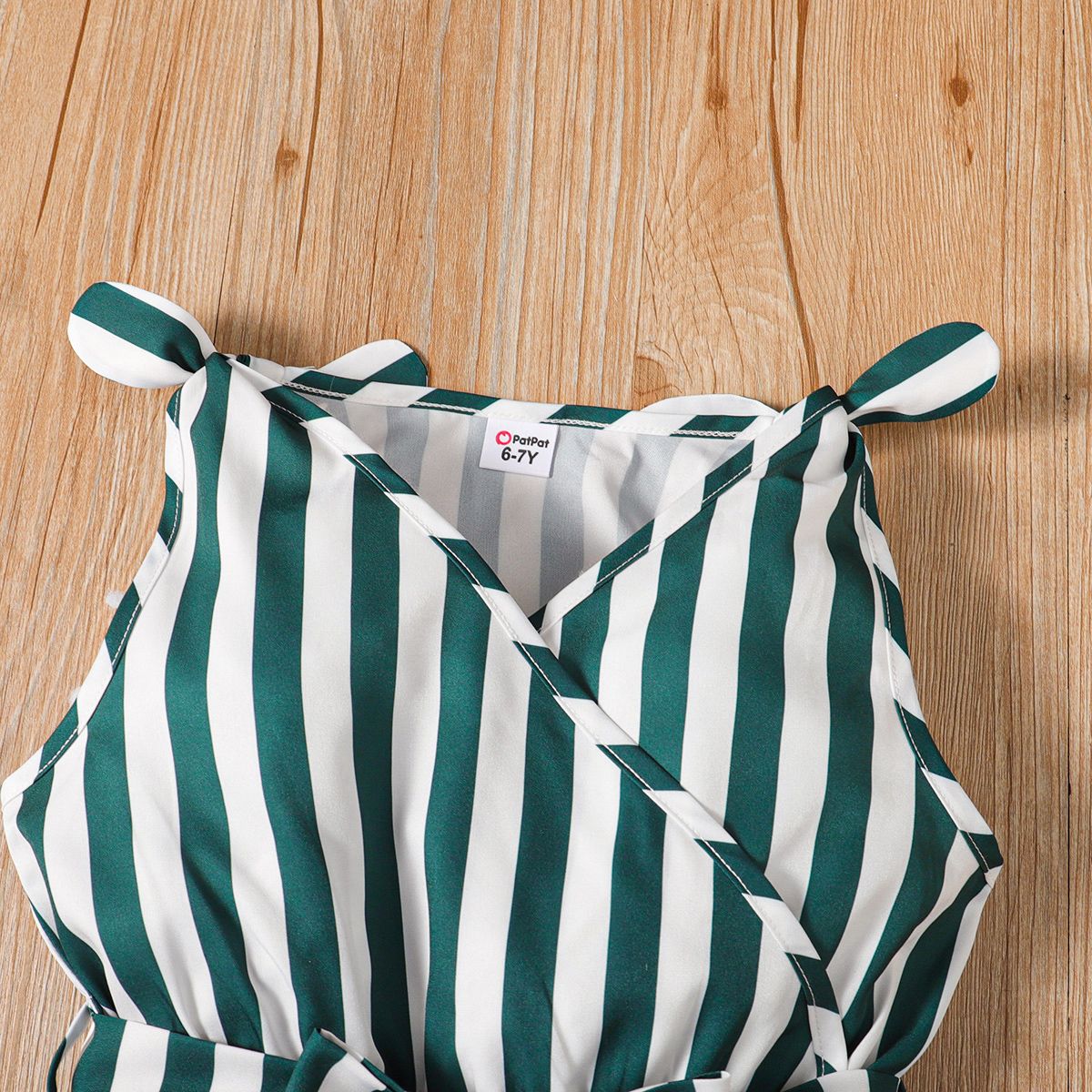 

Kid Girl Green Stripe Belted Slip Romper