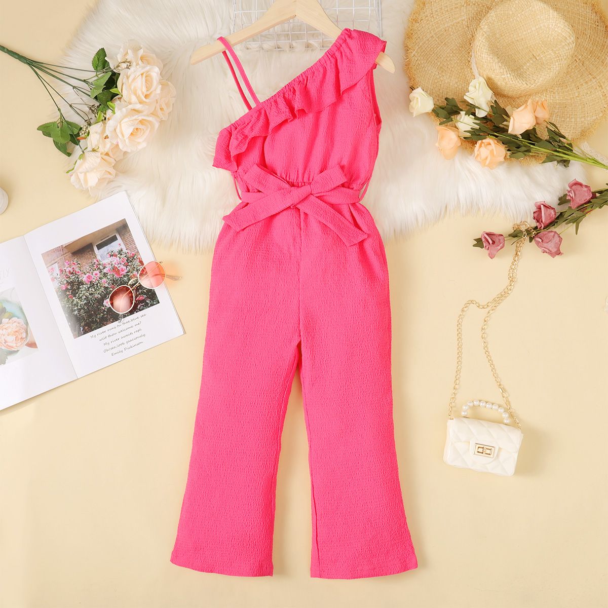 

Kid Girl Ruffled One-Shoulder Belted Slip Jumpsuit