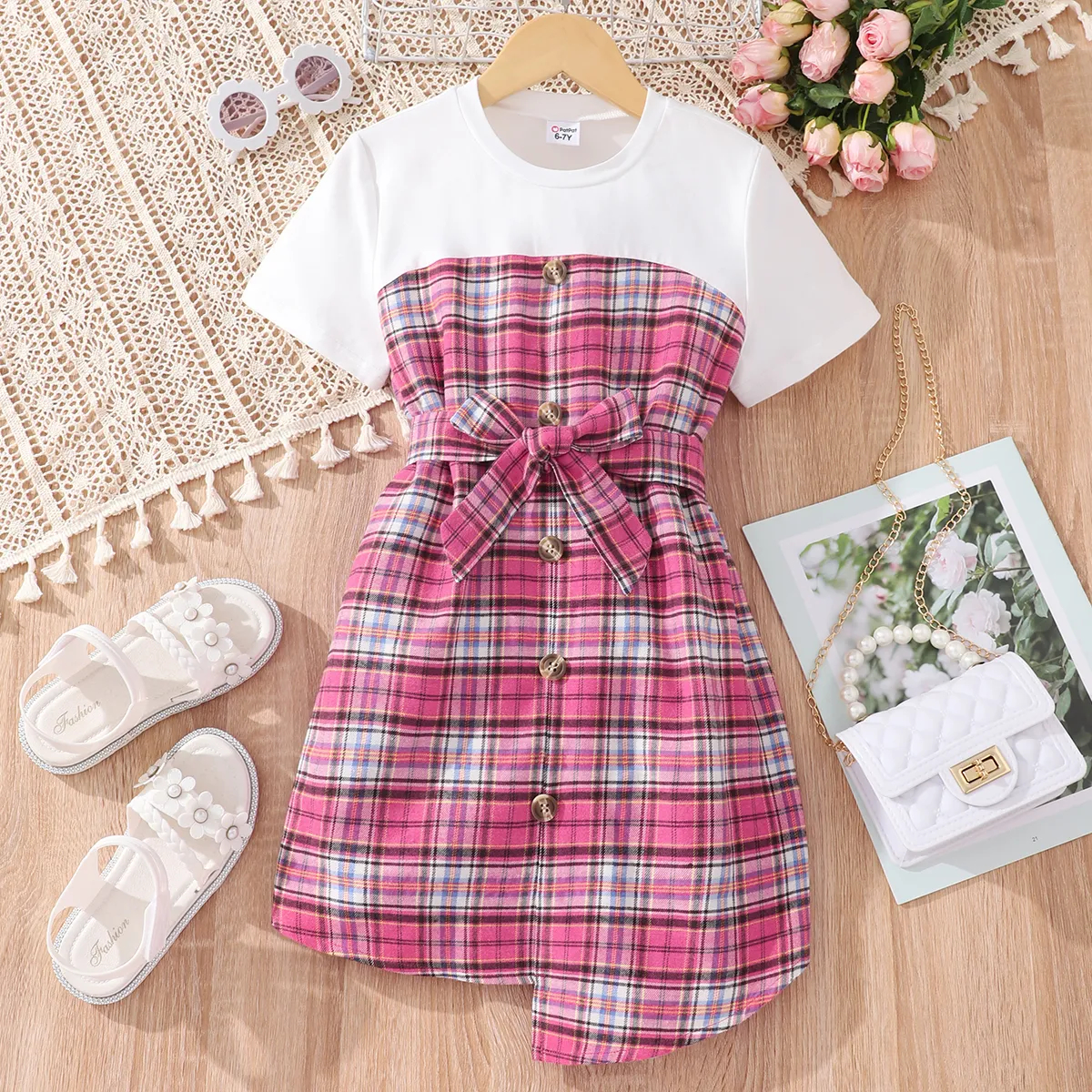 Kid Girl Plaid Splice Button Design Belted Irregular Hem Short-sleeve Dress Hot Pink