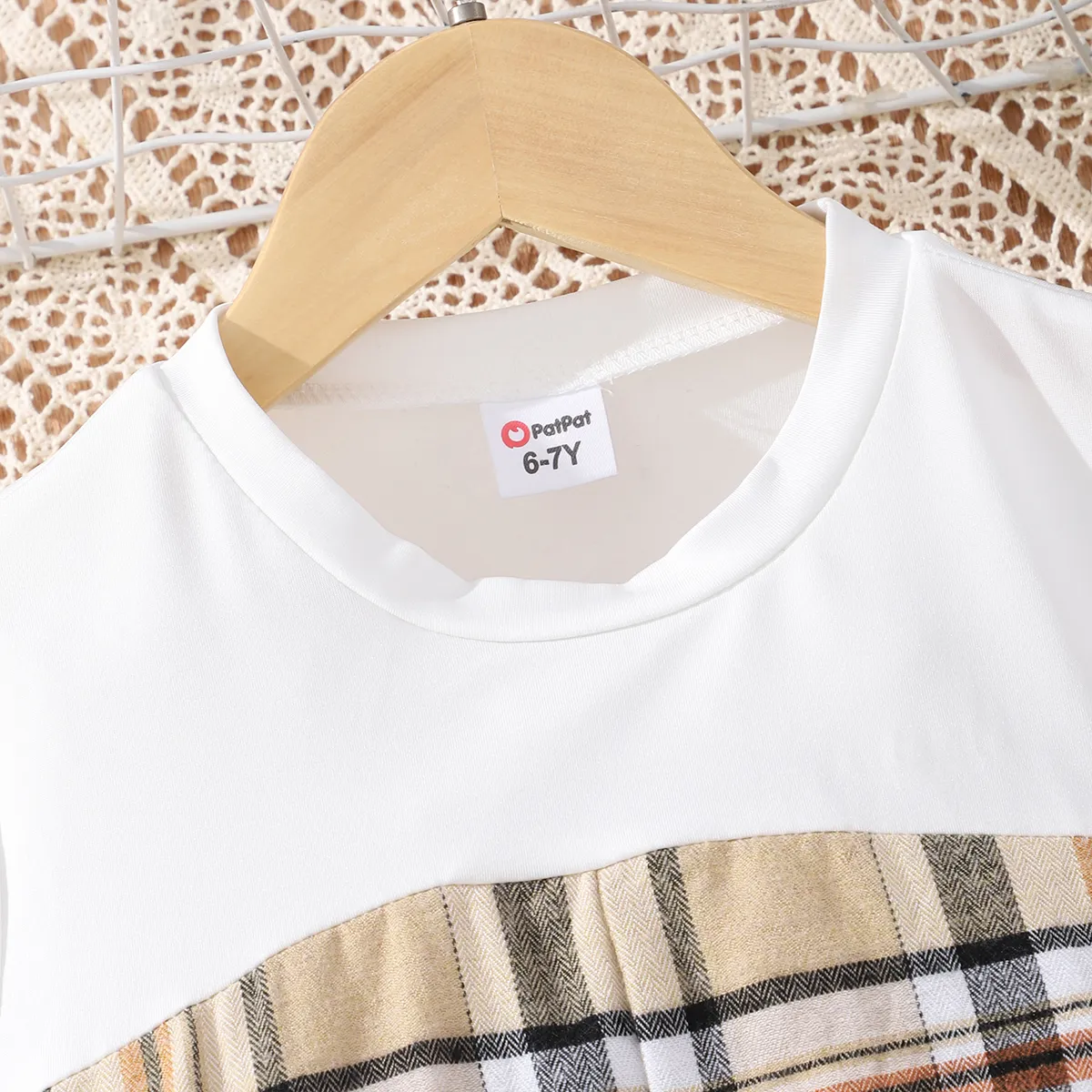 Kid Girl Plaid Splice Button Design Belted Irregular Hem Short-sleeve Dress Khaki image 2