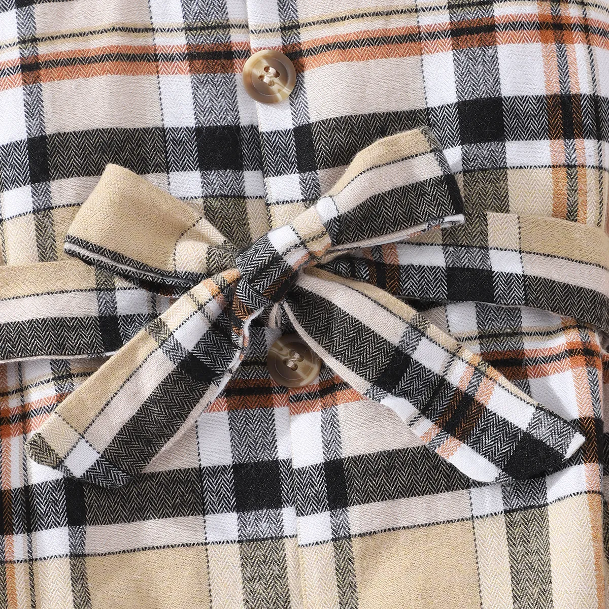 Kid Girl Plaid Splice Button Design Belted Irregular Hem Short-sleeve Dress Khaki image 3