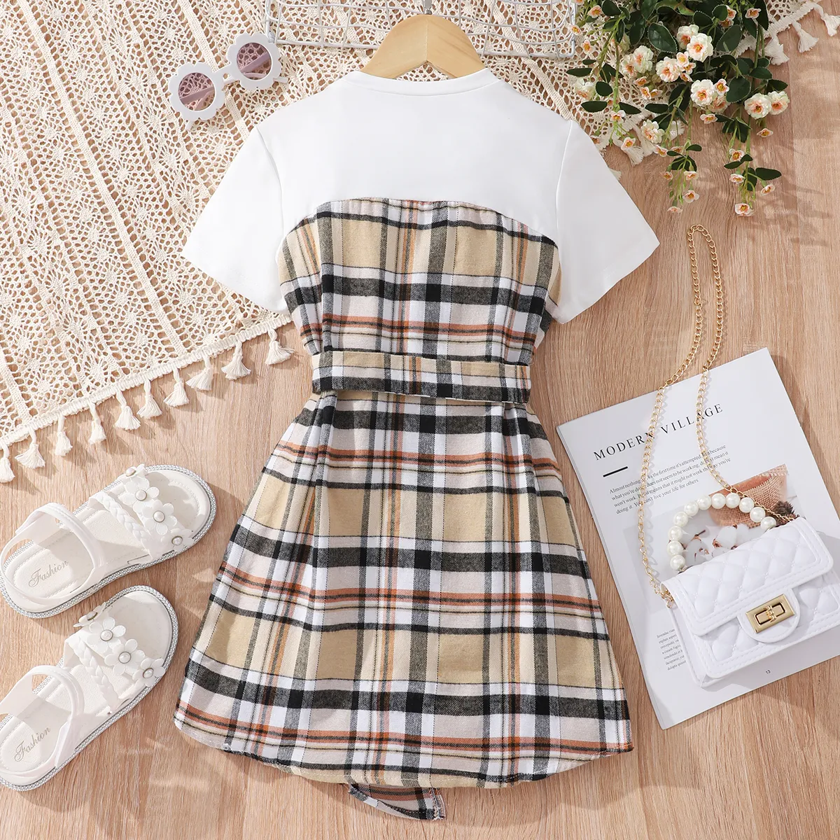 Kid Girl Plaid Splice Button Design Belted Irregular Hem Short-sleeve Dress Khaki image 5