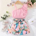 2pcs Kid Girl Ruffle Trim One-Shoulder Camisole and Floral Print Belted Shorts Set  image 1