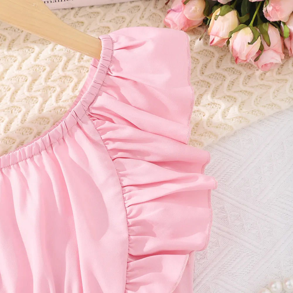 2pcs Kid Girl Ruffle Trim One-Shoulder Camisole and Floral Print Belted Shorts Set big image 2