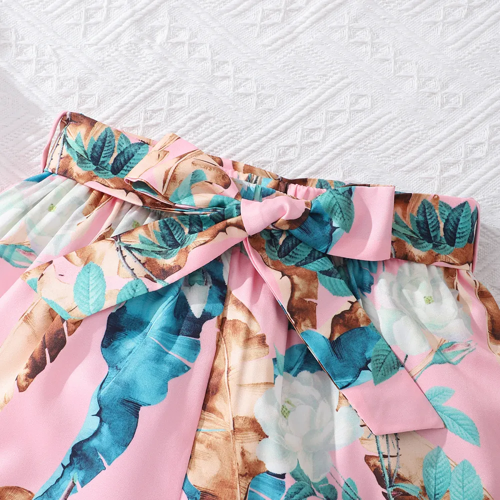 2pcs Kid Girl Ruffle Trim One-Shoulder Camisole and Floral Print Belted Shorts Set big image 3