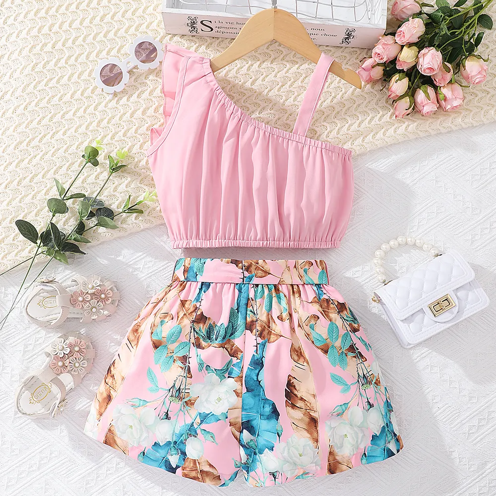 2pcs Kid Girl Ruffle Trim One-Shoulder Camisole and Floral Print Belted Shorts Set big image 4