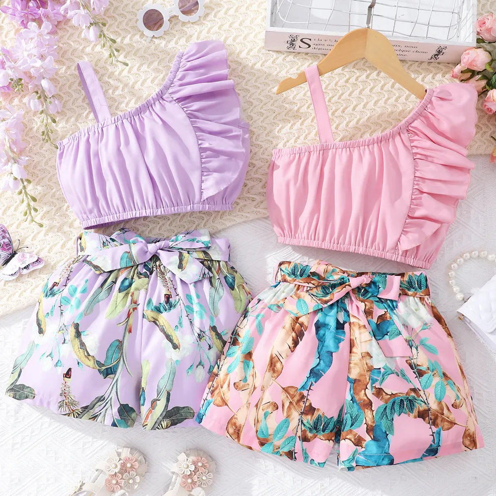 2pcs Kid Girl Ruffle Trim One-Shoulder Camisole and Floral Print Belted Shorts Set  big image 5
